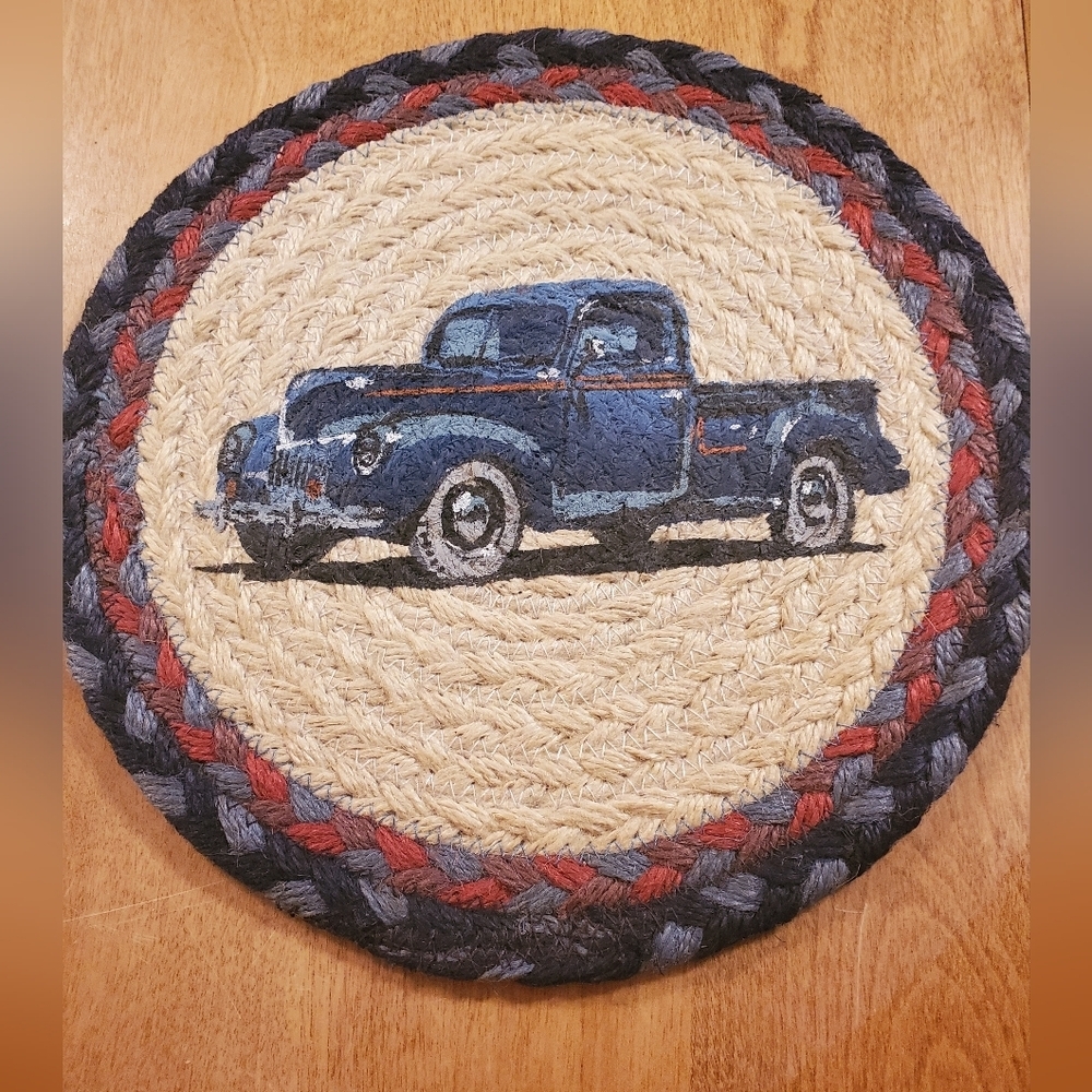 BLUE PICK UP TRUCK 100% Natural Braided Jute Swatch 10" Trivets Earth Place Mat